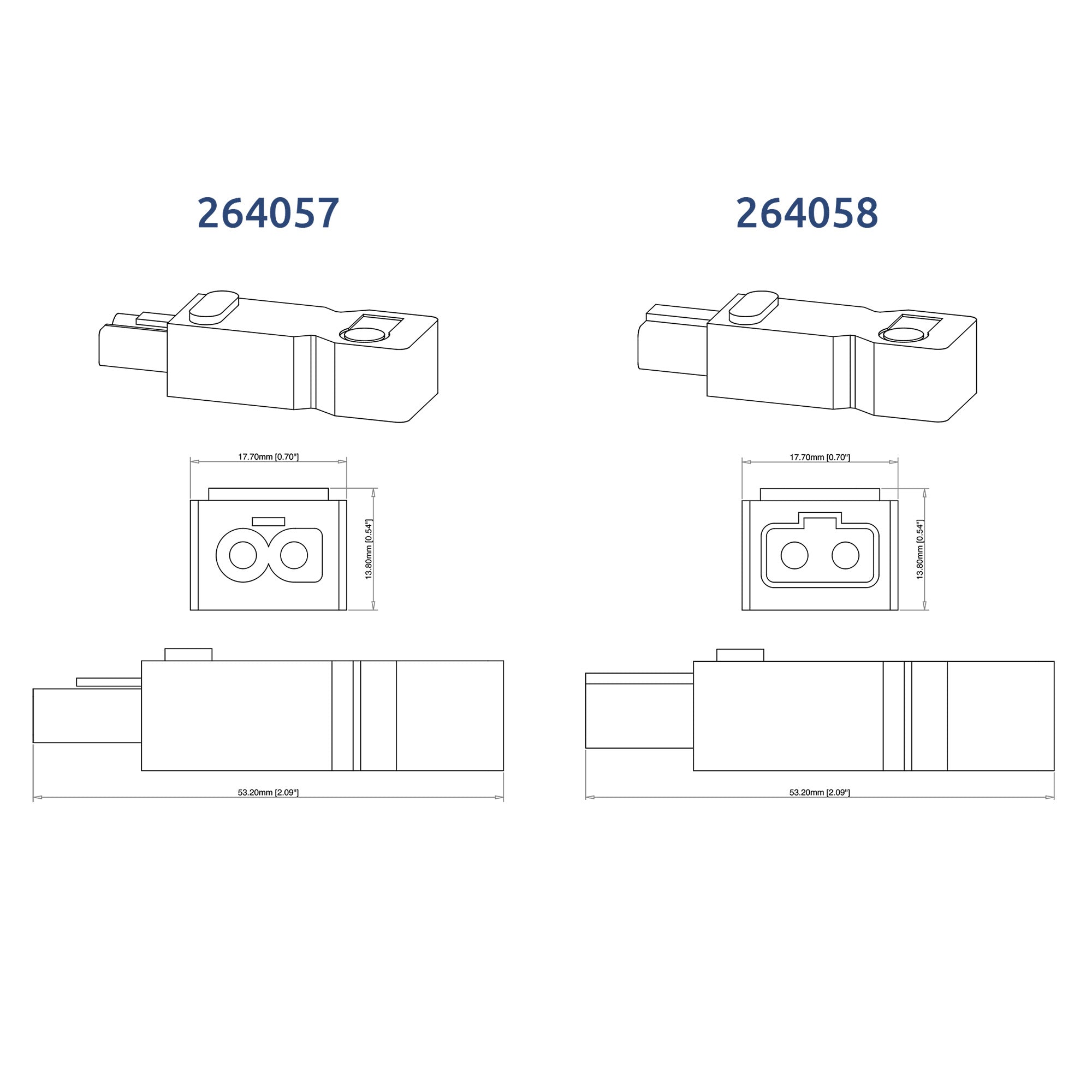 Technical drawings of two mechanical components with dimensions labeled 264057 and 264058 on a white background.