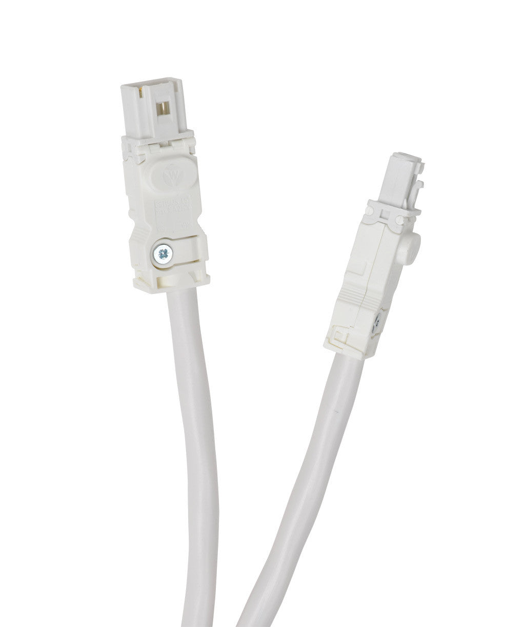 White power cable with connectors on a white background.
