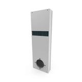 Rectangular metal air conditioner with a circular component on a white background.