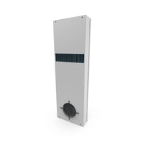 Rectangular metal air conditioner with a circular component on a white background.