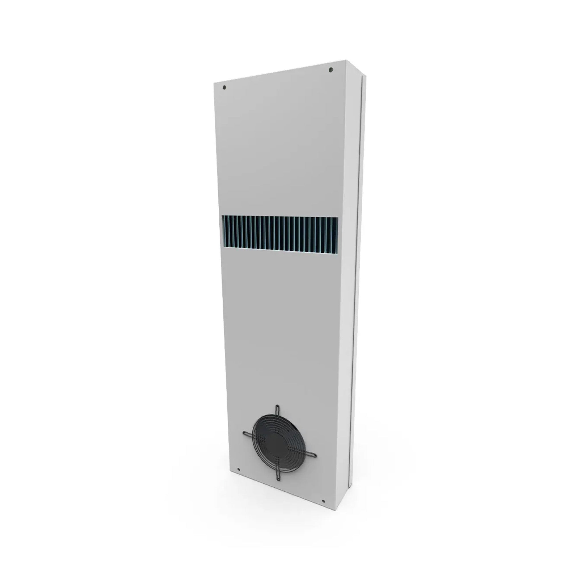 Rectangular metal air conditioner with a circular component on a white background.