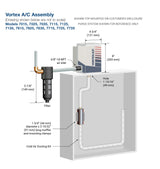 Technical diagram of a Vortex A/C Assembly with labeled parts and dimensions.