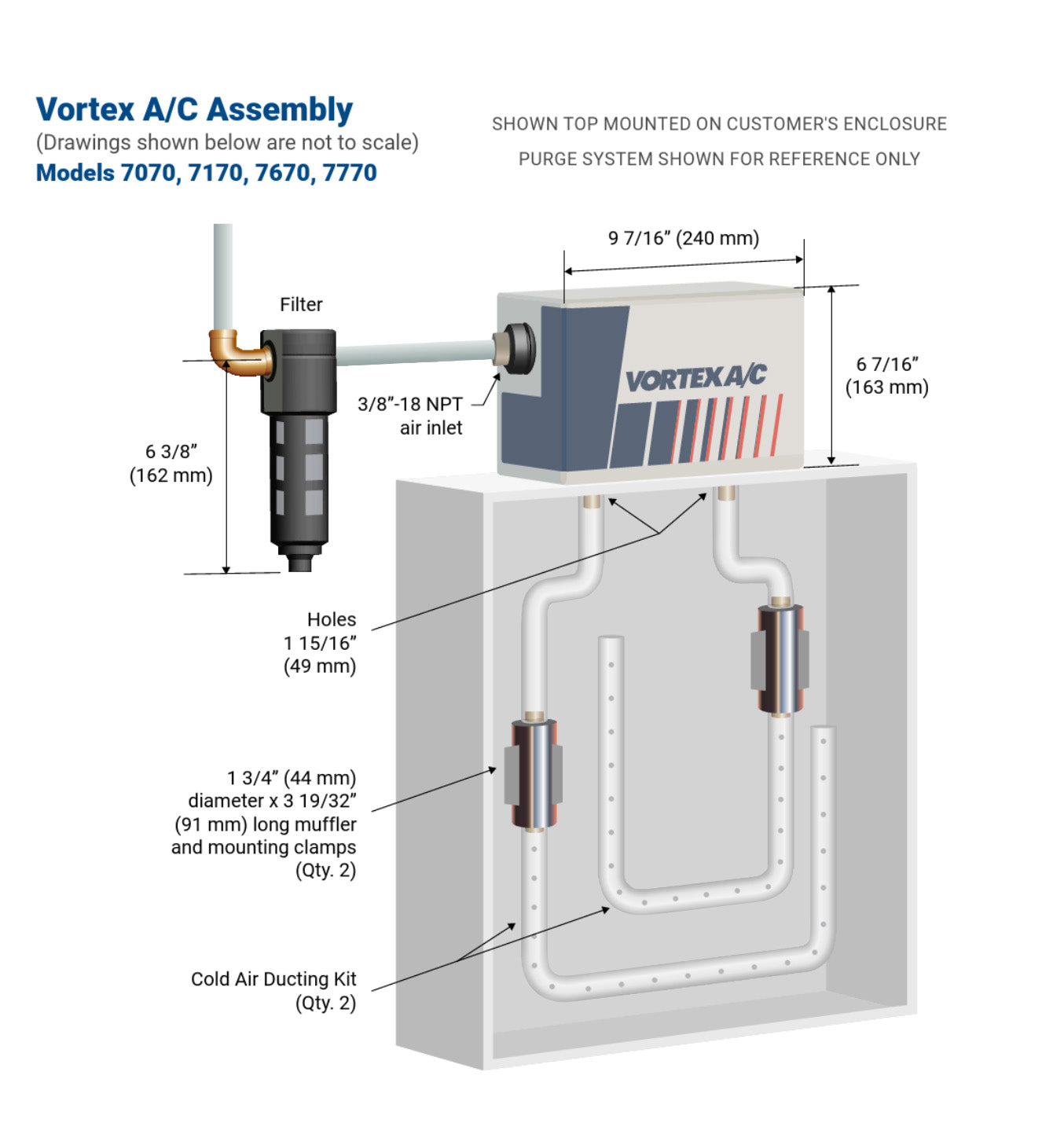 Technical diagram of a Vortex A/C Assembly with labeled parts and dimensions.