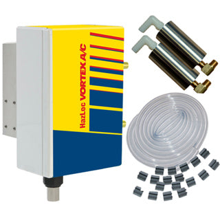 HVAC component set with yellow and blue casing, screws, and a hose on a white background