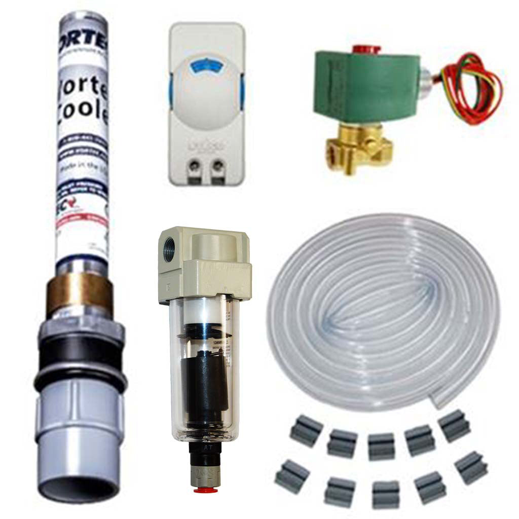 Collection of plumbing and HVAC components on a white background