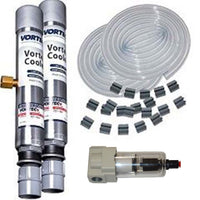 Vortex cooling system components including two cylindrical tanks, a pump, and hoses on a white background.