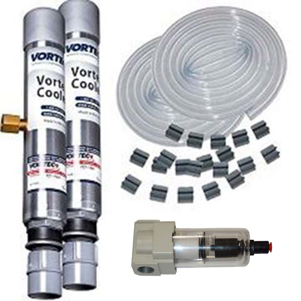 Vortex cooling system components including two cylindrical tanks, a pump, and hoses on a white background.