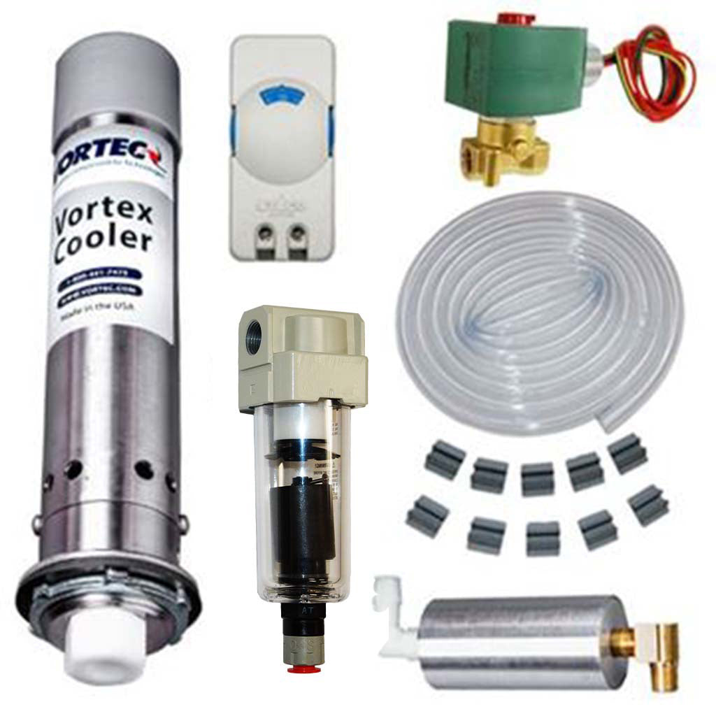 Collection of plumbing and cooling components on a white background.