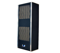 A black, wall-mounted air conditioner with a digital display and vented front panel.