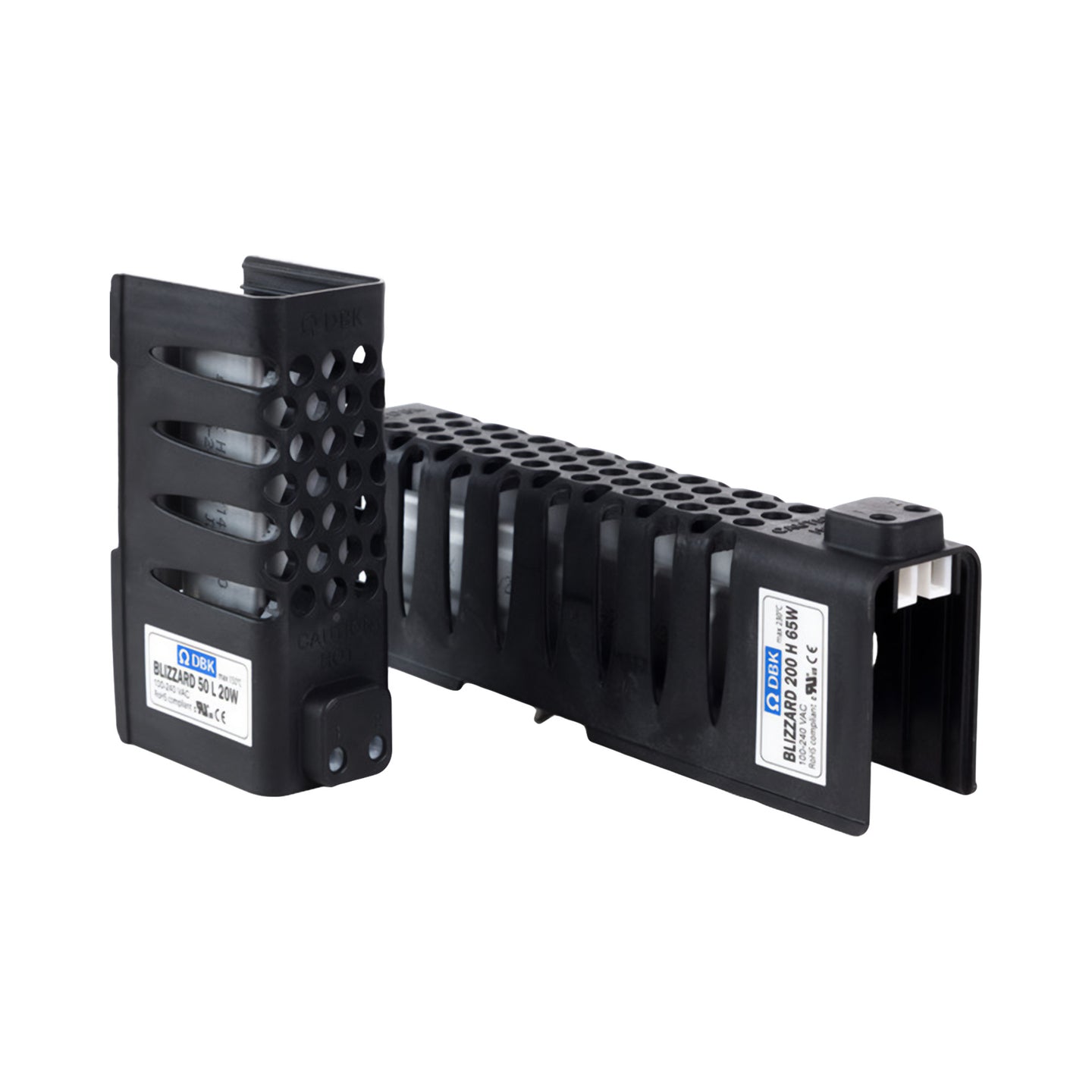 Two black plastic components with labels on a white background.