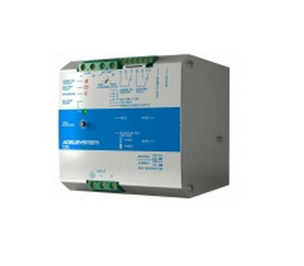 A CBI 12V All In One DC UPS DIN Rail Power Supply unit with blue and silver colors, featuring various ports and labels on its front panel.