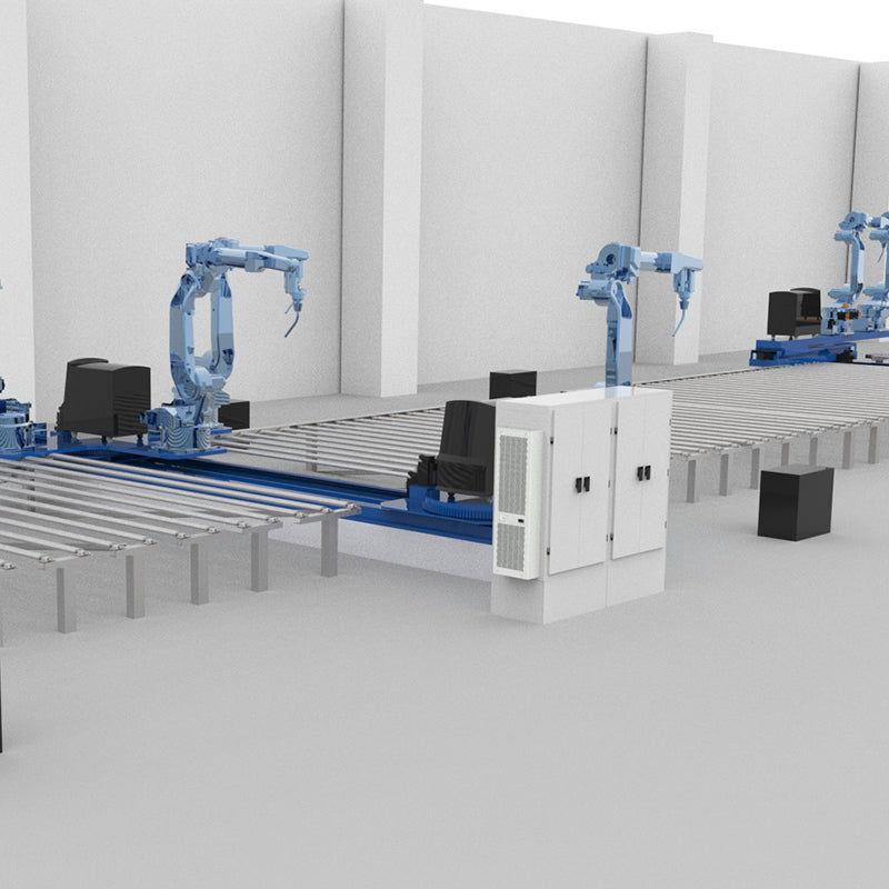 Robotic assembly line with blue robots and conveyor belts in a factory setting.