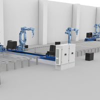 Robotic assembly line with blue robots and conveyor belts in a factory setting.