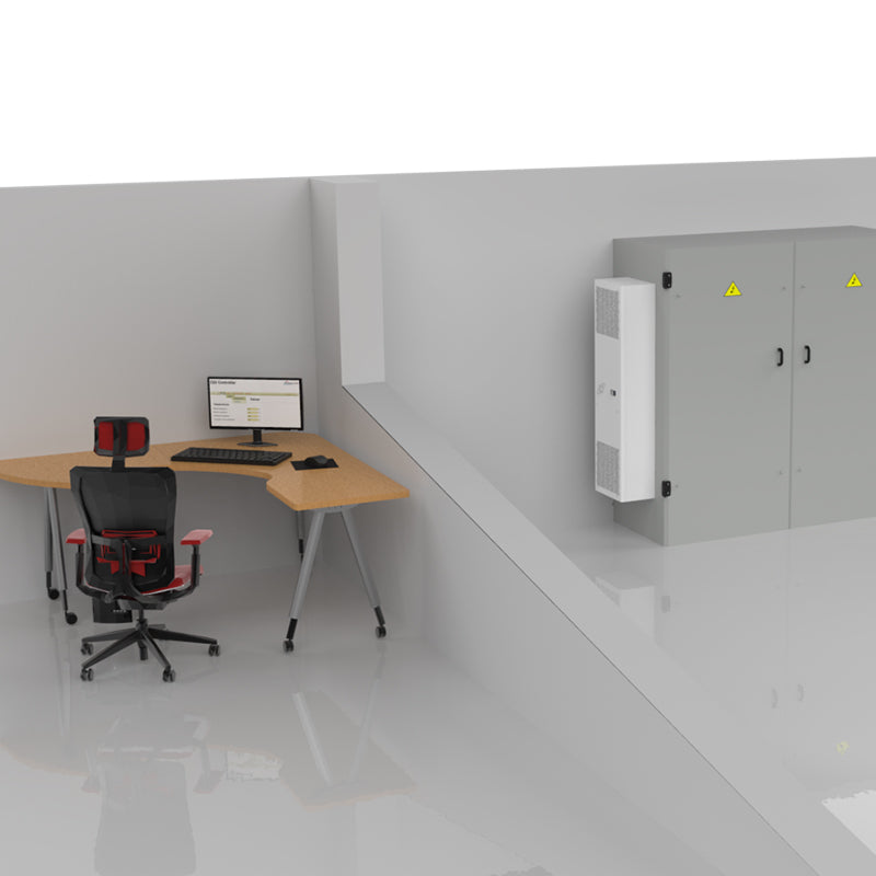 Modern office setup with a desk, chair, computer, and wall-mounted cabinet.
