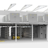 Storage facility with shelves and a forklift in a white room