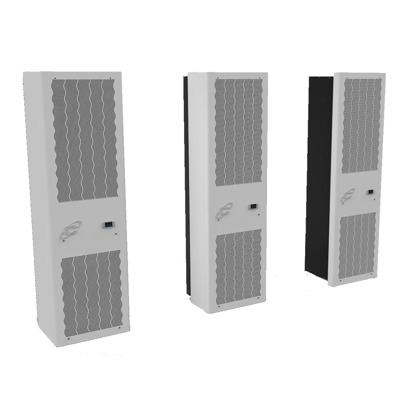 Three vertical air conditioners on a white background