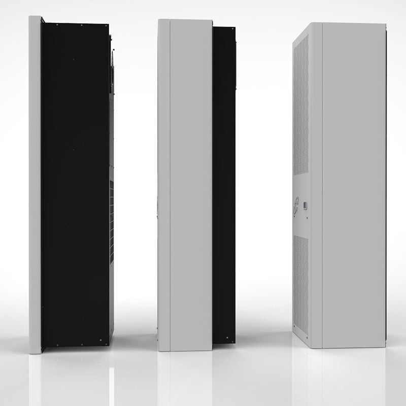 Three air conditioners in black, gray, and white on a white background.