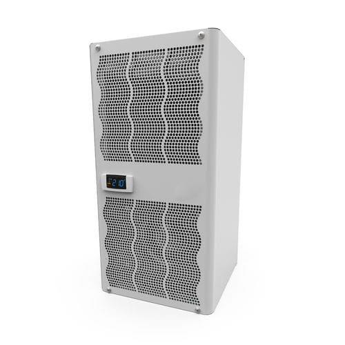 White air purifier with digital display on a white background