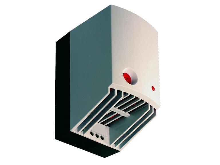 A gray and white CR 027 enclosure PTC fan heater with a red thermostat dial, designed for maintaining temperature within enclosures.