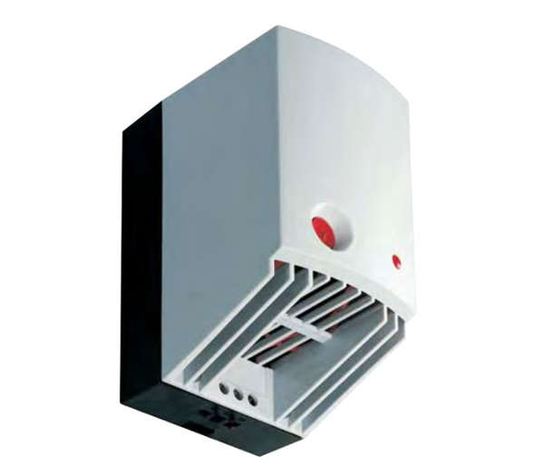 A gray and white CR 027 enclosure PTC fan heater with a red thermostat dial, designed for maintaining temperature within enclosures.