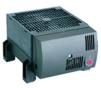 Gray electronic heater with a red dial on a white background.