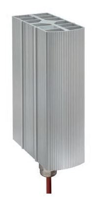 Metallic rectangular heater with a red power cord on a white background.