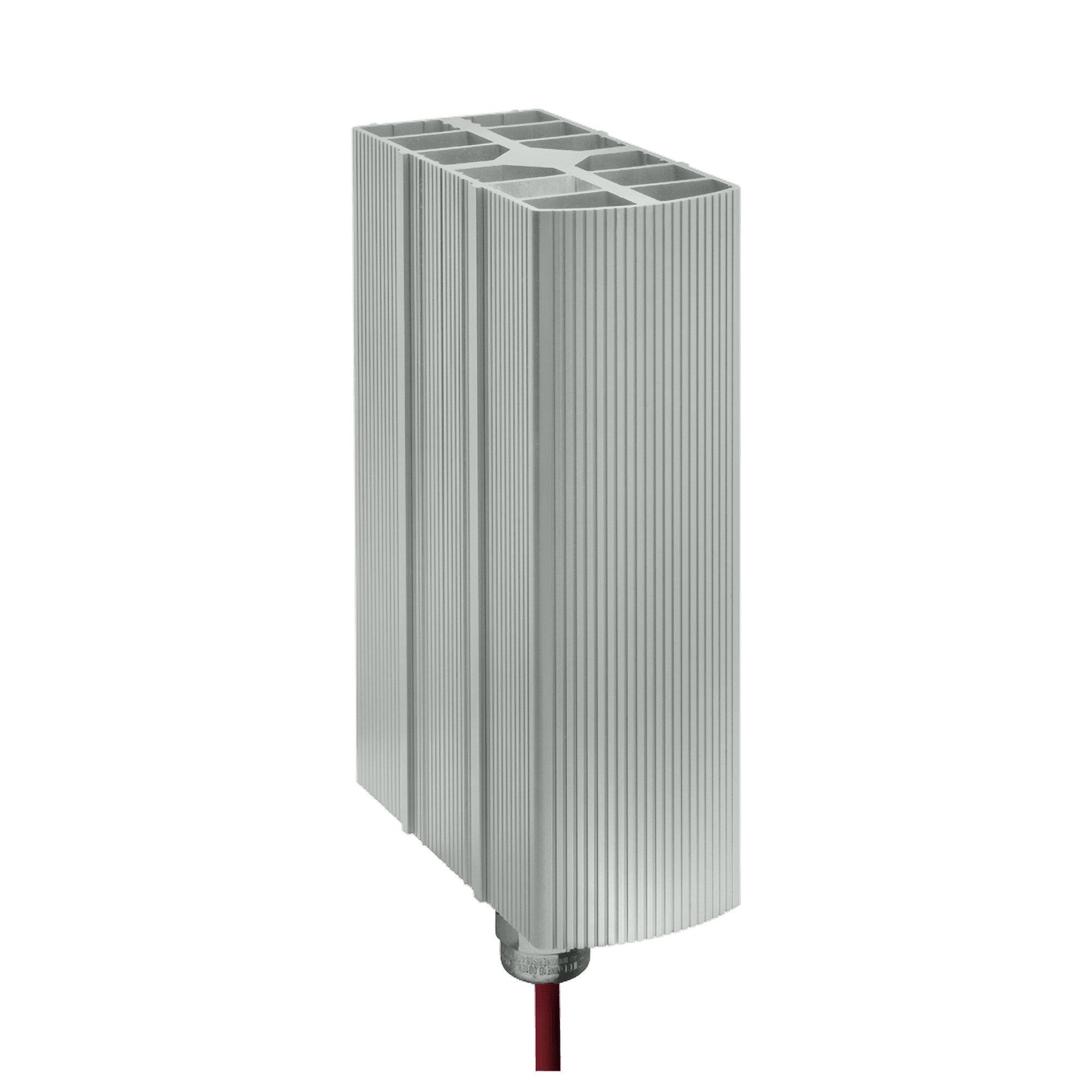 Metallic vented heater with a red power cord on a white background