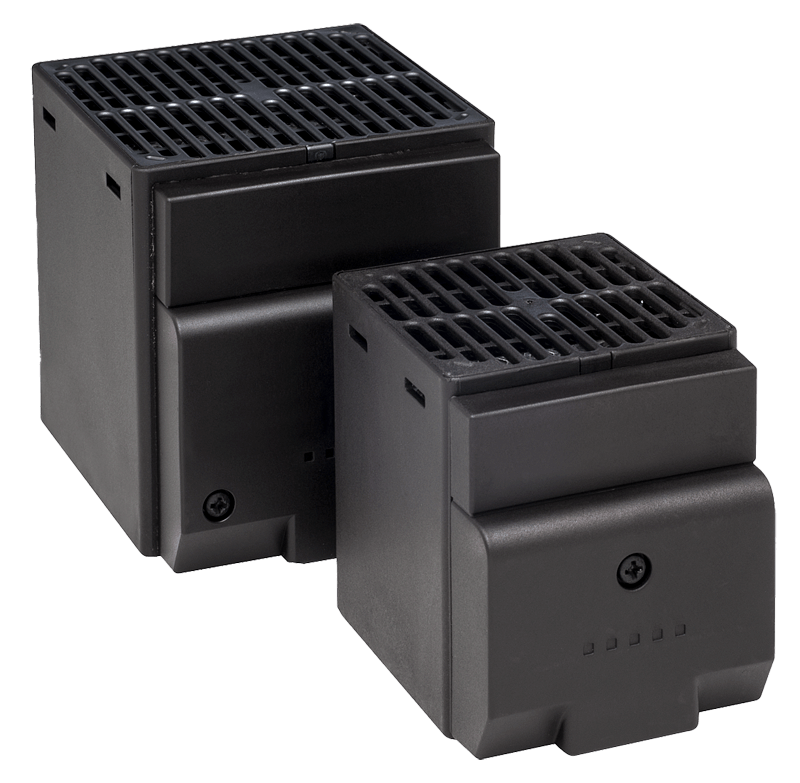 A black CS028 DIN Rail Enclosure PTC Fan Heater with a grid on the top and a control knob on the front.