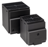 A black CS028 DIN Rail Enclosure PTC Fan Heater with a grid on the top and a control knob on the front.