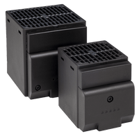A black CS028 DIN Rail Enclosure PTC Fan Heater with a grid on the top and a control knob on the front.