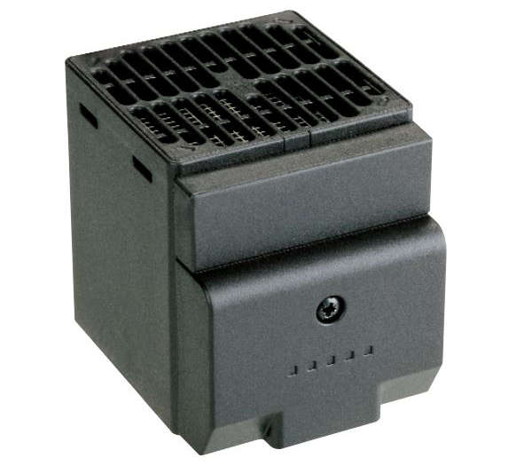 A black CS028 DIN Rail Enclosure PTC Fan Heater with a grid on the top and a control knob on the front.