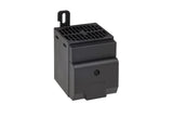 Black electronic heater with a vented top on a white background.