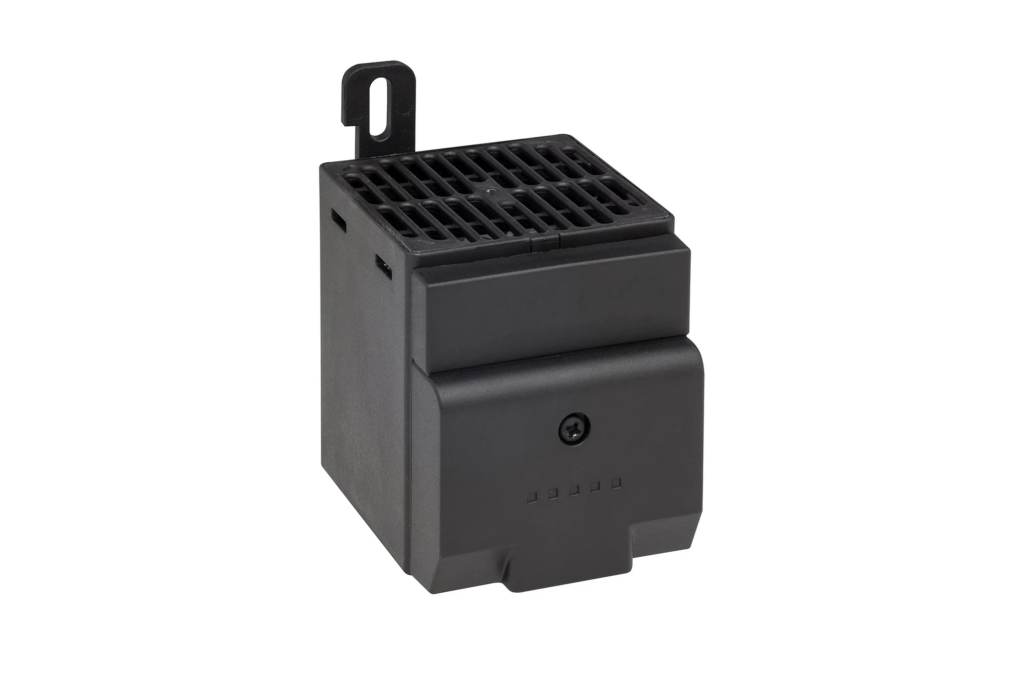 Black electronic heater with a vented top on a white background.