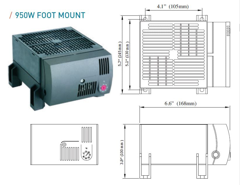950W foot mount component with dimensions and layout diagram on a white background.