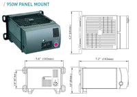 950W panel mount power supply with dimensions on a white background.