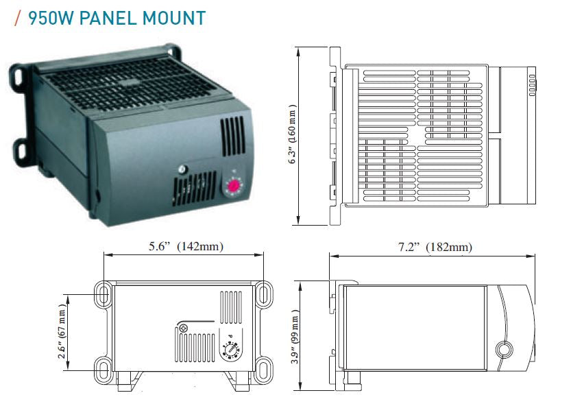 950W panel mount power supply with dimensions on a white background.