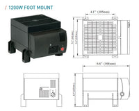 Black electronic heater unit with detailed dimensions and specifications on a white background.