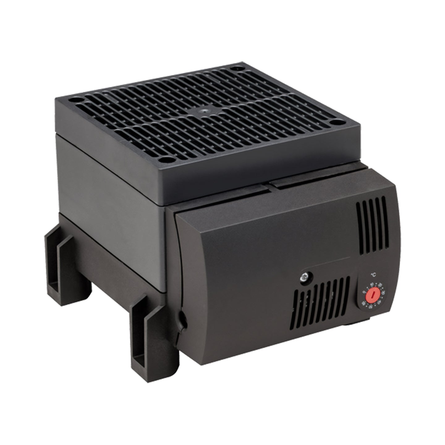 Black heater with feet on a white background.