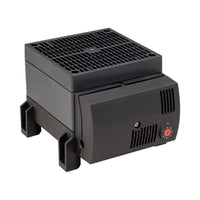 Black heater with feet on a white background.