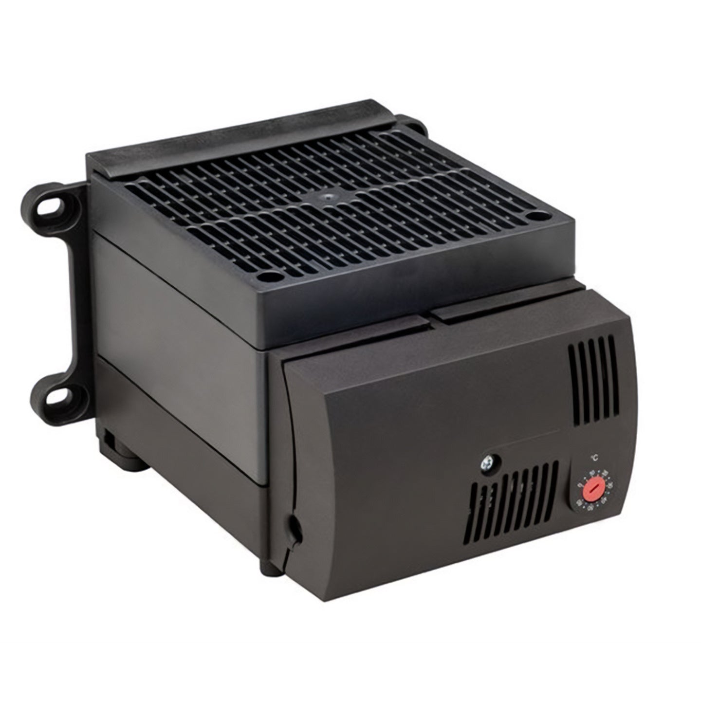 Black electronic component with cooling fins on a white background