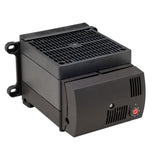 Black electronic component with cooling fins on a white background