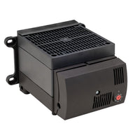 Black electronic component with cooling fins on a white background