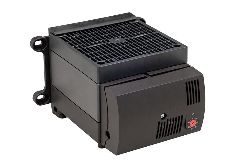 A black CS 130 panel mount enclosure PTC fan heater with a visible control panel and vent.