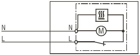 Electrical diagram with symbols for neutral (N) and live (L) wires, and a motor symbol.