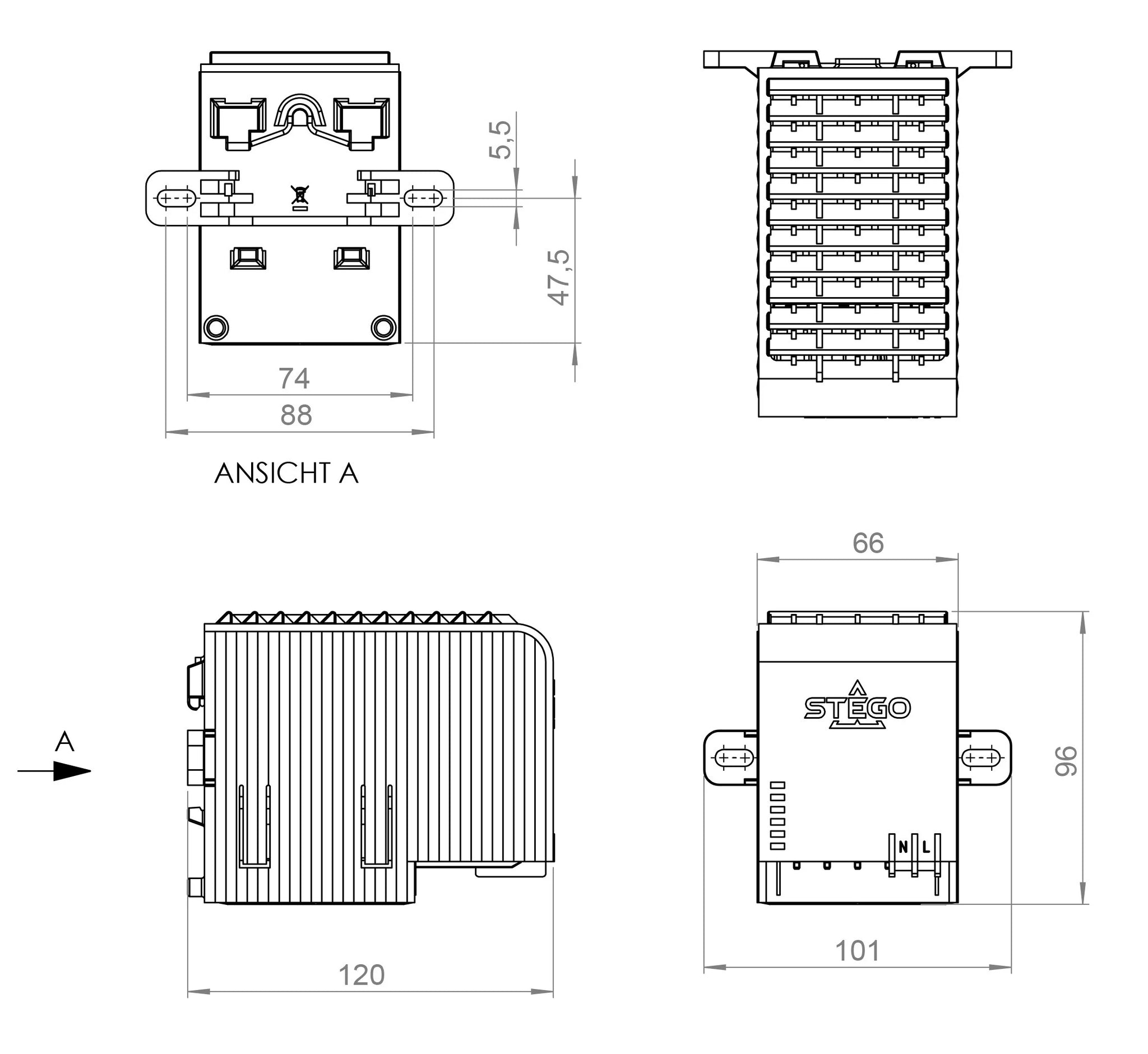 Black on white technical drawing of a radiator with dimensions labeled.