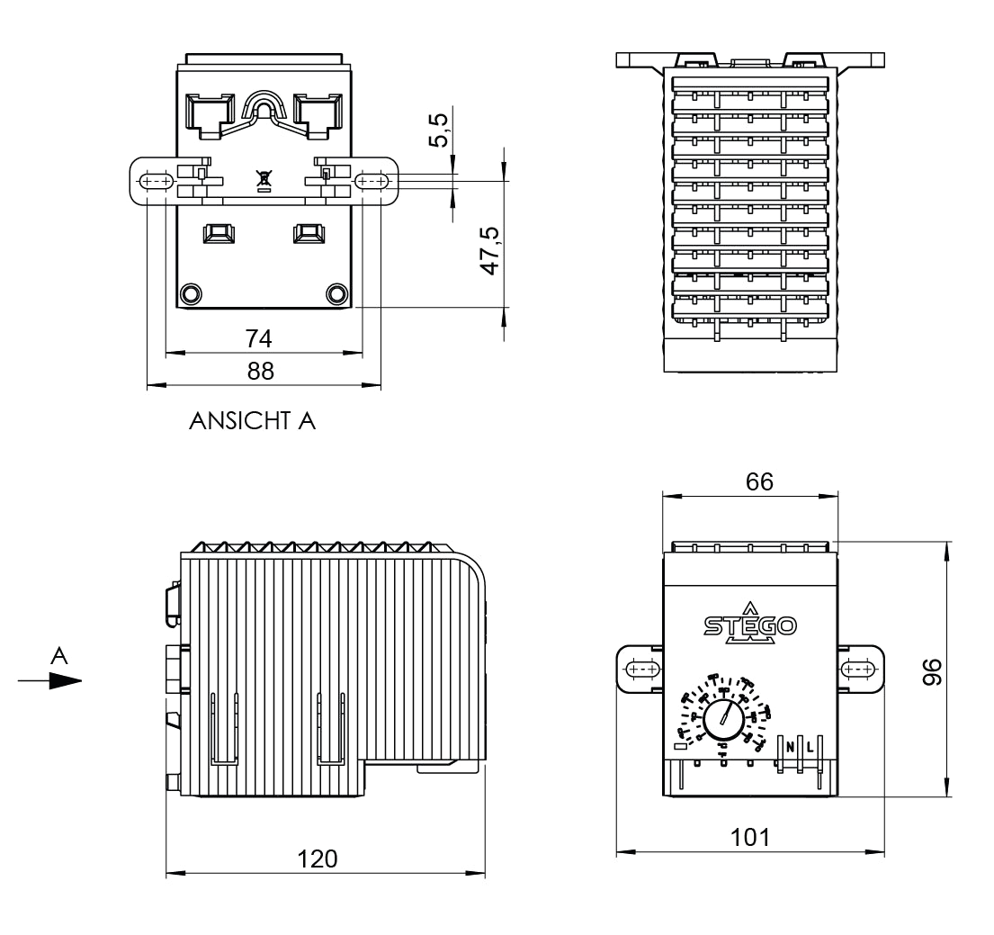 Black on white technical drawing of a 'Stego' radiator with dimensions labeled.