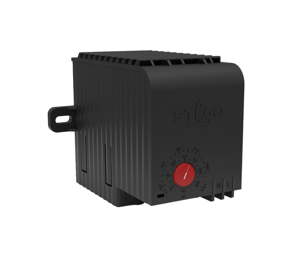Black electronic heater with a red dial on a white background.