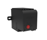 Black electronic heater with a red dial on a white background.