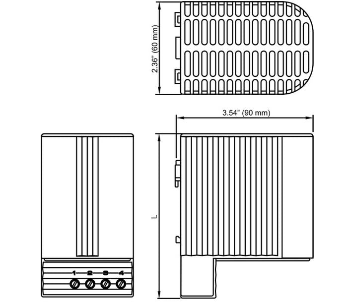 Black on white technical drawing of a heating element with dimensions and layout.
