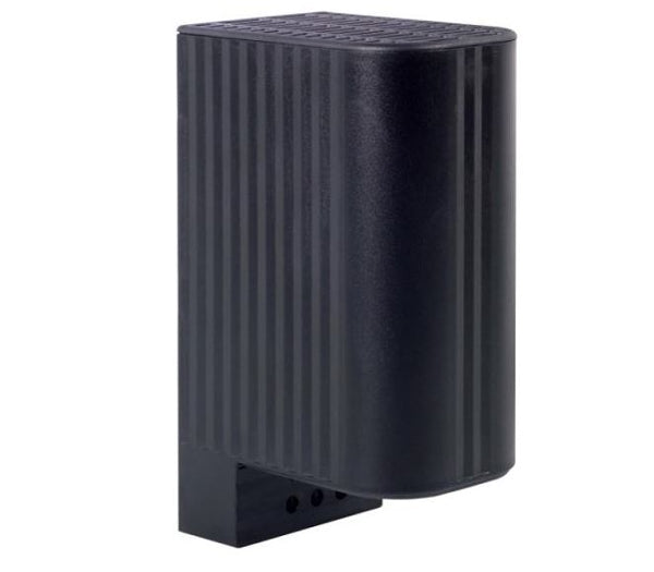 A black rectangular enclosure heater with a ribbed surface and an integrated thermostat.